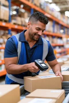 Smiling warehouse operator scanning parcel with handheld barcode reader on conveyor belt for design poster background and logistics fulfillment concept