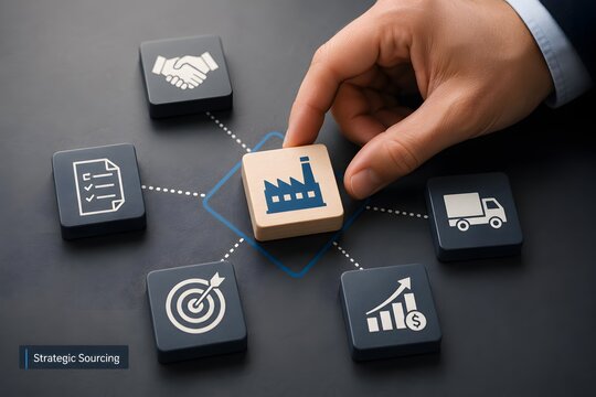 Strategic sourcing concept with icons representing partnership, checklist, target, growth chart, and truck delivery, centered around a factory icon.
