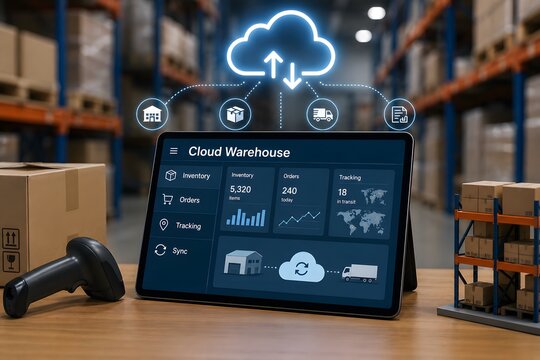 Cloud warehouse management system on a tablet with a scanner and boxes for the concept of technology in logistics.