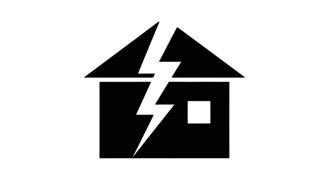 Vector illustration of house icon with lightning bolt symbol representing storm damage or power outage on a transparent background