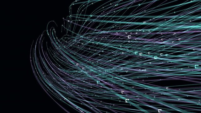 Fiber optic data highway 4K animation, high speed optical light pulses streaming through curved 3D fibers, electric blue telecom motion background