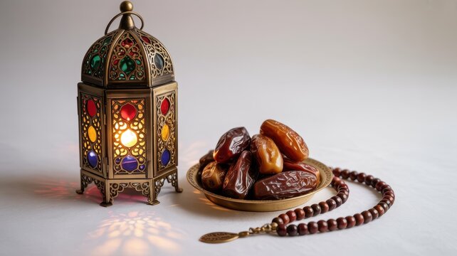 Ramadan lantern with a plate of delicious sweet dates and prayer beads on a white background for cultural religious celebration