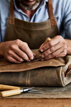 Leather craftsman repairing vintage leather bag with hand tools for artisan workshop poster and product background