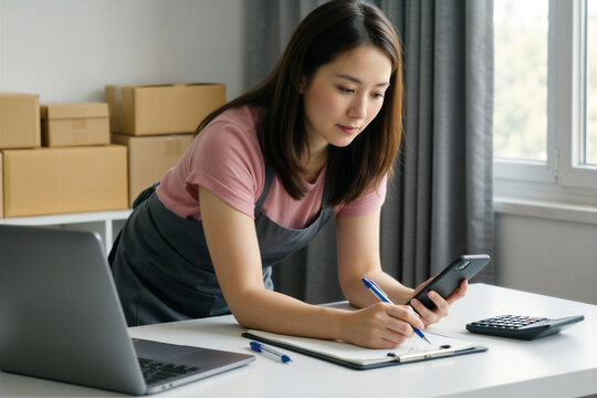 Woman working on small business e-commerce tasks, managing orders with laptop, phone, and notepad.