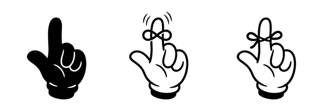 Set of cartoon hand icons with a string tied around the index finger for memory reminder concept