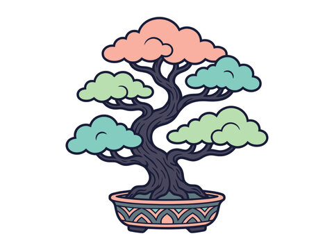 A beautiful stylized bonsai tree illustration with pastel colored leaves in a decorative ceramic pot isolated white