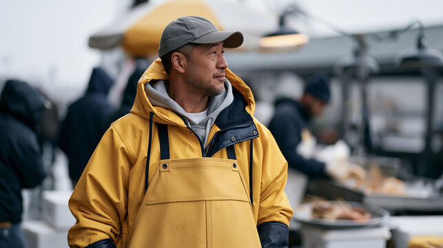 A commercial fisher on rain soaked harbor streets photographed over the shoulder, watching a street food vendor transform the morning's fresh catch into skewered dishes for a