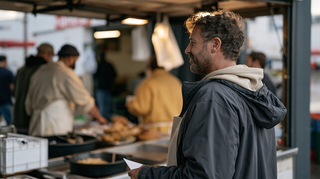A commercial fisher on rain soaked harbor streets photographed over the shoulder, watching a street food vendor transform the morning's fresh catch into skewered dishes for a