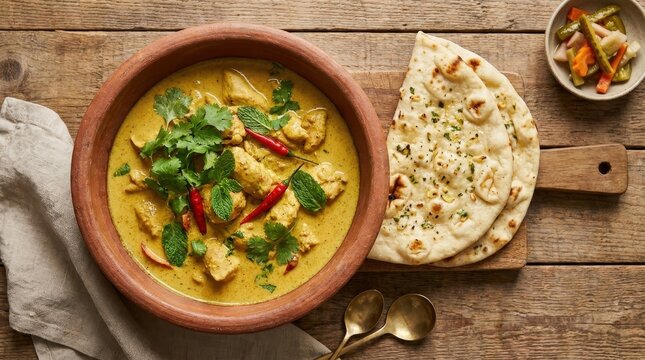 A bowl of creamy yellow chicken curry with fresh cilantro and naan bread on a wooden surface.