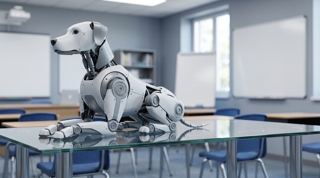 Robot dog on glass table in modern classroom for stem education and future artificial intelligence learning technology concept with blurred school background