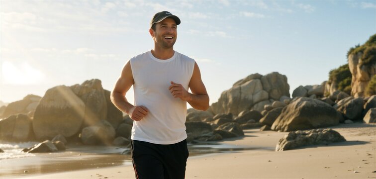 Man jogging happily on a sunny beach, embodying wellness and fitness during outdoor exercise.