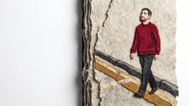 Man walking in a red sweater on a textured paper background  