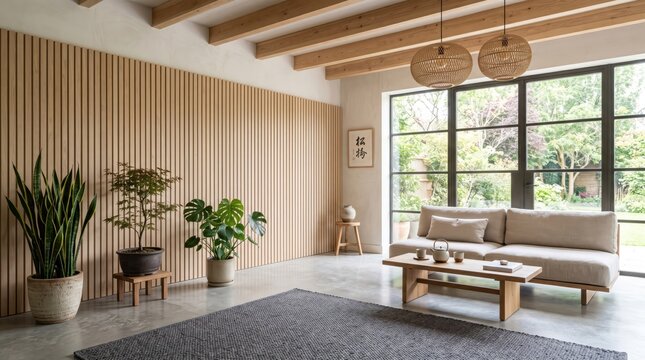 Modern living room with wood slat wall and indoor plants
