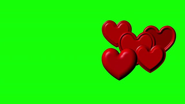 High-resolution 4K ProRes seamless looping animation of multiple 3D red and glossy glass hearts falling across the screen on a chroma key green screen background, perfect for romantic video projects 