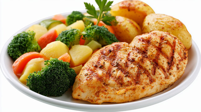 Grilled chicken breast with roasted potatoes and steamed vegetables isolated on white background