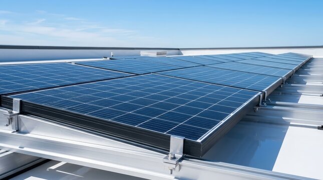 A close-up view of a modern solar panel array mounted on a rooftop reflecting the bright blue sky.