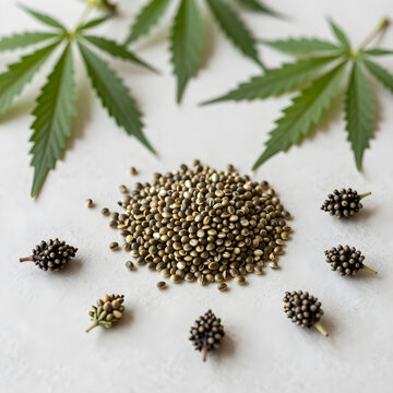Hemp seeds and leaves with dried flowers on a light background, cannabis plant for health and wellness products, this arrangement highlights the various components of the hemp plant