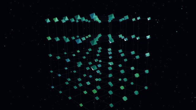 Quantum computing qubit lattice 4K animation, glowing 3D crystal matrix with superposition state pulses and cyan quantum entanglement glow, technology motion background