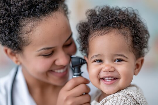 Pediatrician examining toddler ear with otoscope in medical clinic