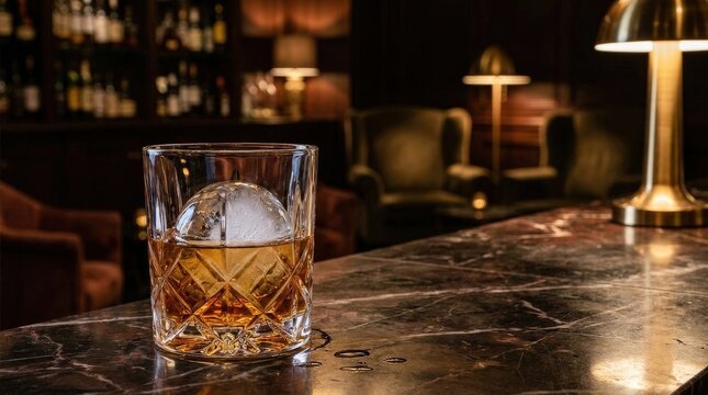 A crystal whiskey glass with a large ice sphere sits on a dark marble bar top in a luxury lounge.