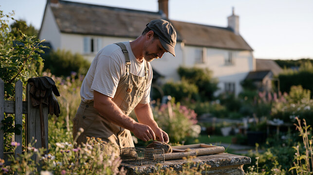 Warrener checking wire mesh warren traps at dawn in a modest rural cottage garden, leather gloves draped on fence post, trapping log open on stone step, rabbit population