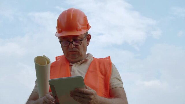 A construction worker in an orange safety vest and hard hat stands outside, reviewing construction plans on a tablet, holding rolled up documents, against a background of clear blue sky and clouds