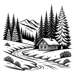Obraz premium Winter Forest Landscape with Snow Covered Pine and Fir Trees, Cozy House, Christmas Holiday Scene, Snowy Nature, Frosty Sky and Seasonal Vector Illustration
