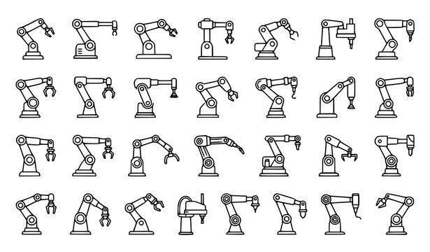 Robotic arm outline icon collection with industrial automation machine vector set