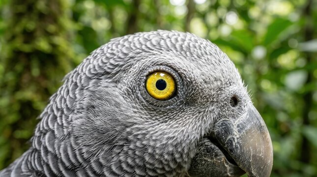 A Detailed Close-up Portrait of an Exotic African Grey Parrot Showing Its Bright Yellow Eye Iris.