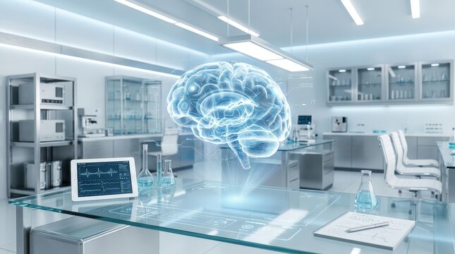 A detailed holographic brain scan visualization floating in a bright, modern medical research lab.