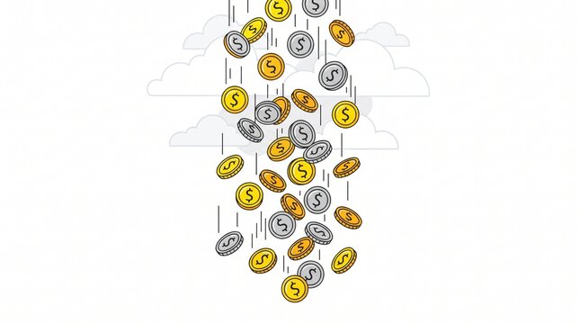 Vector illustration of gold and silver coins raining from clouds.