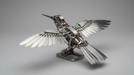 Naklejka premium A detailed mechanical hummingbird drone prototype featuring intricate metal gears and wing.