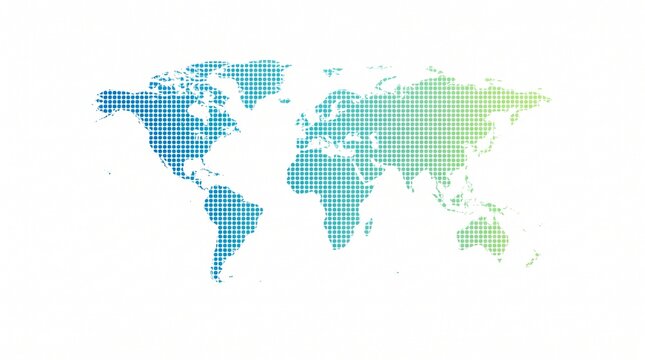 Abstract dotted world map graphic with blue to green gradient