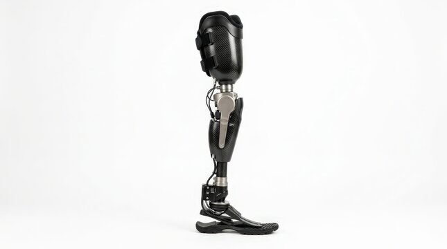A detailed side view of a robotic prosthetic leg standing on a plain white studio background.