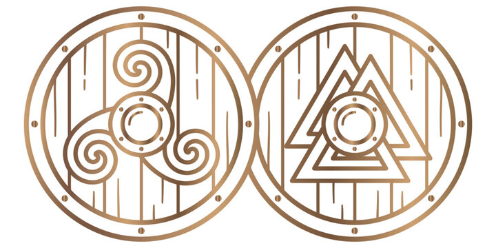 Two circular viking shields with bronze gradient outlines, featuring a triskelion symbol and a valknut knot on a white background