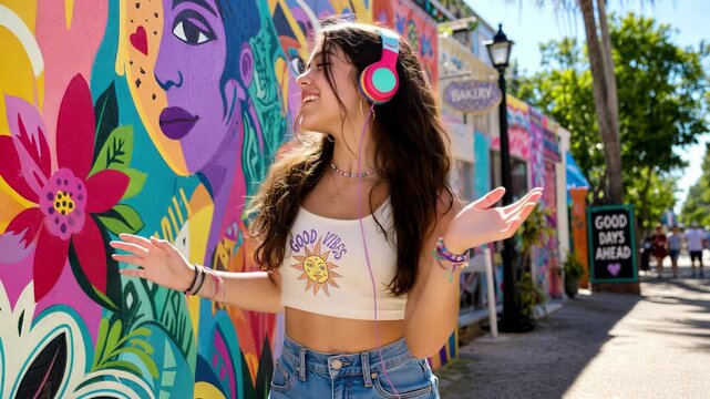 Cheerful teenage girl dancing to music in front of colorful street mural. Happy young woman wearing rainbow headphones and enjoying summer day. Panning and tilting camera movement.