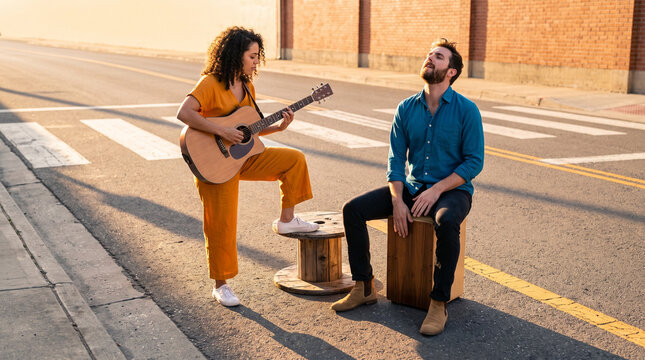 Street musicians performing live music on empty urban street  