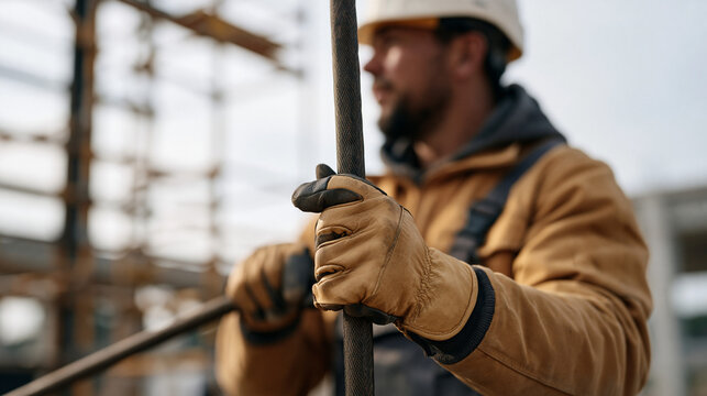Steel erection rigger grips a pile driver cable in gloved close up hands under a dramatic overcast sky, the tension of deep foundation work visible in every knuckle as scaffolding