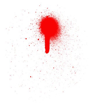 Vibrant red paint spray splatter with many small droplets and a drip effect isolated on transparent background creating abstract art transparent background