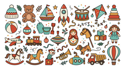 Naklejka premium Collection of hand drawn colorful kids toys and objects doodle set.