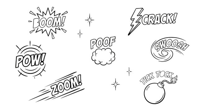 A collection of black and white comic book style sound effect stickers featuring explosive words and action graphics isolated on a white background
