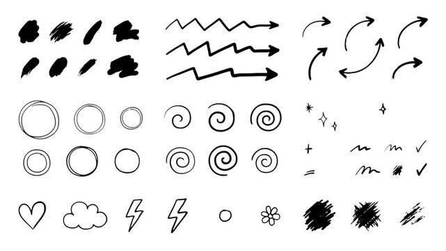 Collection of hand drawn doodle elements including arrows spirals circles stars hearts lightning bolts and various abstract shapes on a white background
