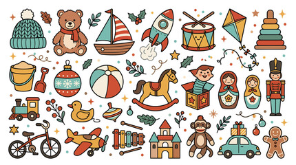Naklejka premium Set of colorful hand drawn vintage toys and objects collection.