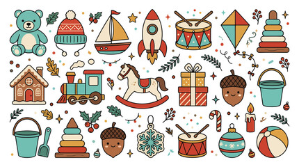 Fototapeta premium Set of cute Christmas and winter toys hand drawn doodle collection.