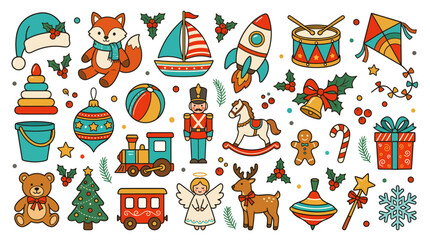 Fototapeta premium Set of colorful vintage Christmas toys and holiday decoration elements.
