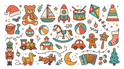 Fototapeta premium Set of cute Christmas themed children toys hand drawn vector illustration.