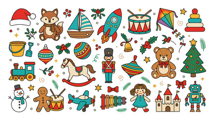 Fototapeta premium Set of cute Christmas holiday toys and objects illustration.