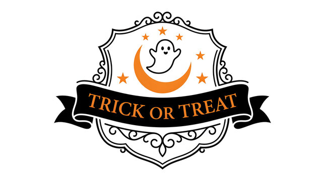 Vintage trick or treat halloween typography design featuring a cute ghost and crescent moon illustration