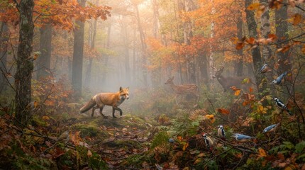 Naklejka premium Autumn forest scene with fox, deer, and various birds in misty sunlight