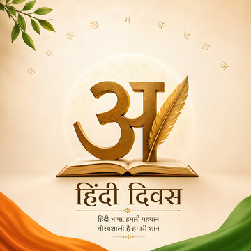 Hindi diwas celebration background with a golden devanagari letter and an open book on a light backdrop
